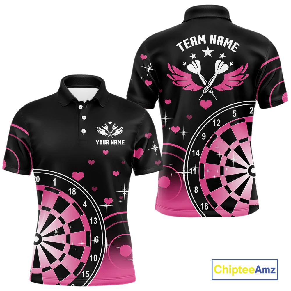 Pink And Black Darts Wings Polo & Quarter Zip Custom Darts Shirt For Men, Valentine Darts Gifts TDM5765