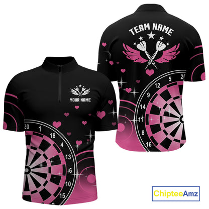 Pink And Black Darts Wings Polo & Quarter Zip Custom Darts Shirt For Men, Valentine Darts Gifts TDM5765