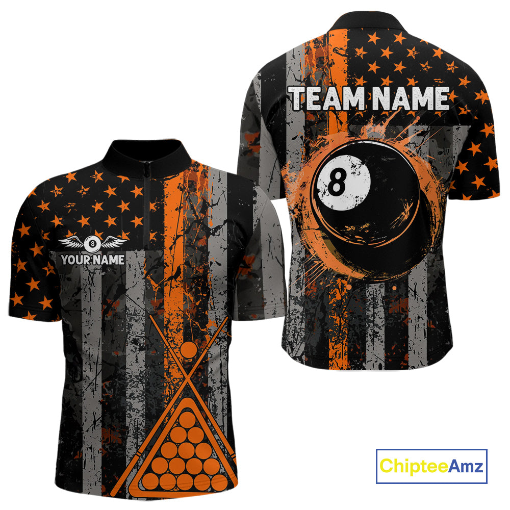 Custom Orange Grunge US Flag Patriotic Billiard Shirts For Men, Retro 8 Ball Pool Billiard Jersey TDM4046