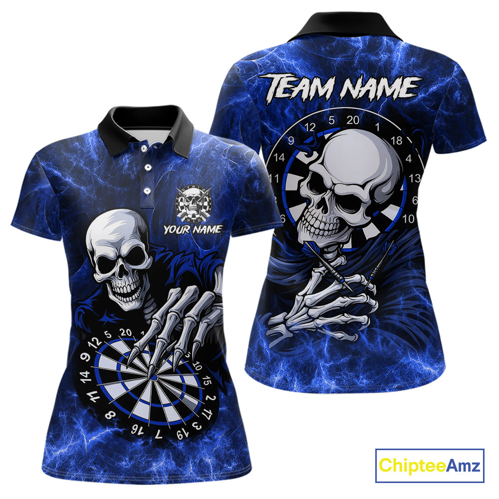 Personalized Blue Funny Skeleton Darts Shirt For Women Custom Skull Darts League Team Jersey TDM4397