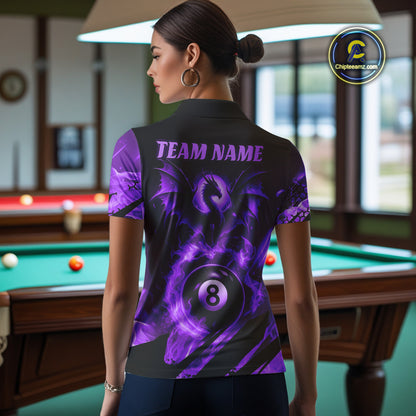 Personalized Purple Flame Dragon 8 Ball Billiard Shirt For Women, Pool Team Jersey Polo & 1/4 Zip TDM4401