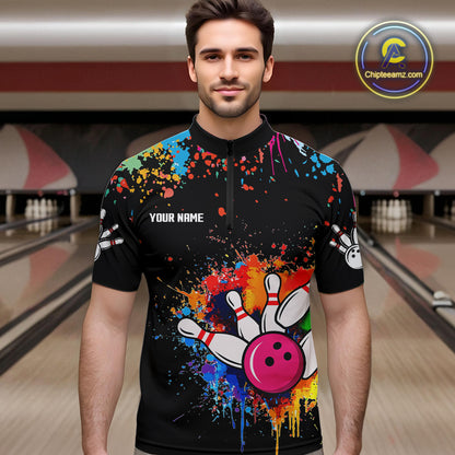 Funny Colorful Bowling Shirt For Men Custom Bowling Team Jersey Outfit Polo & Quarter Zip |Black TDM4638