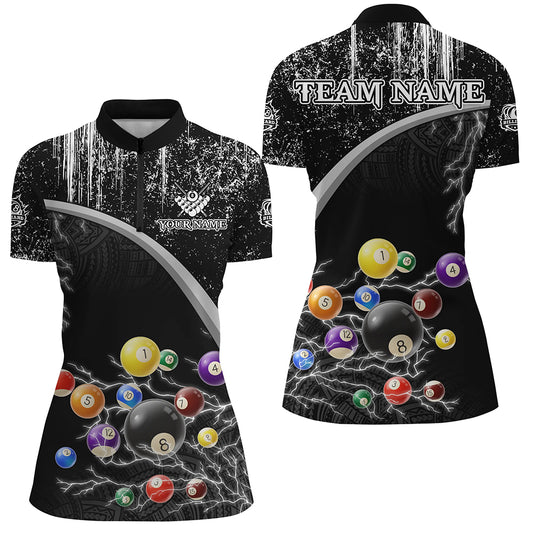 Personalized Black White Grunge Lightning Billiard Shirts For Women, 3D Pool Ball Billiard Jerseys TDM3278