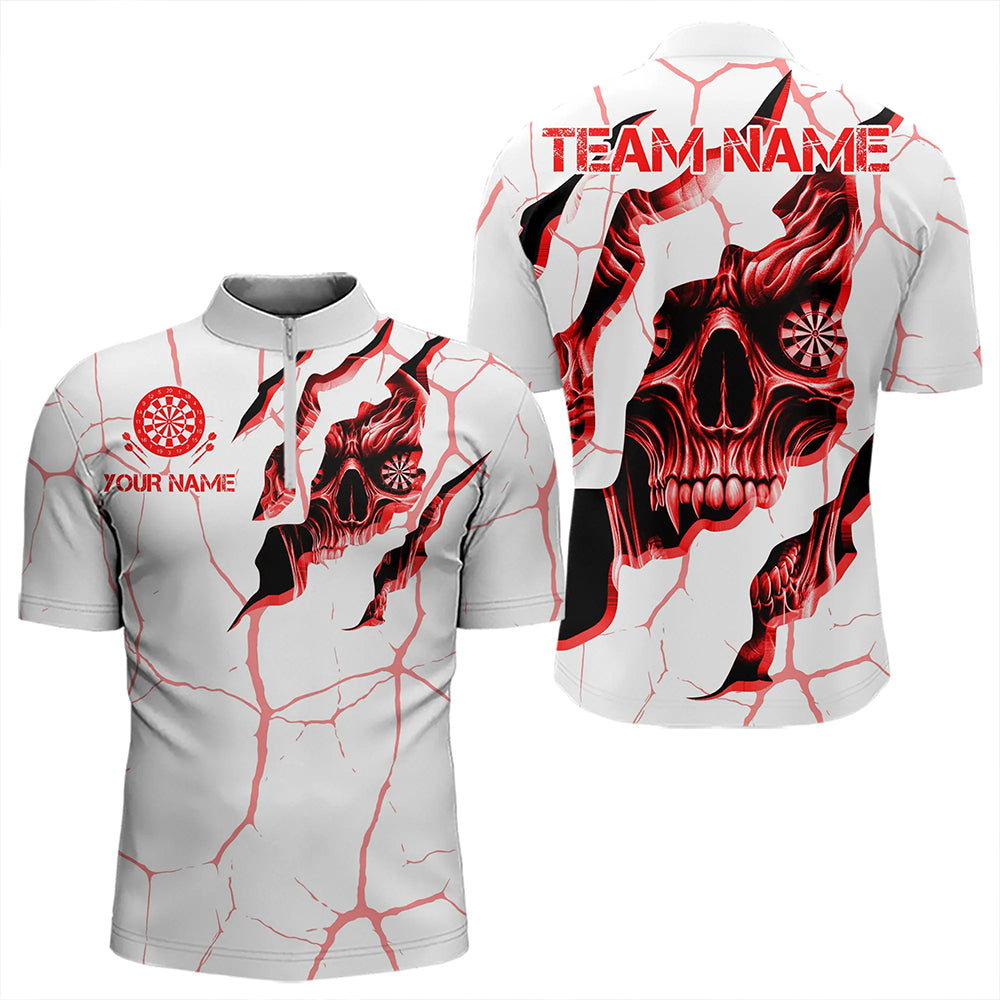Personalized Skull White Red Grunge Darts Polo & Quarter-Zip For Men Custom Dart Team Jerseys TDM3467