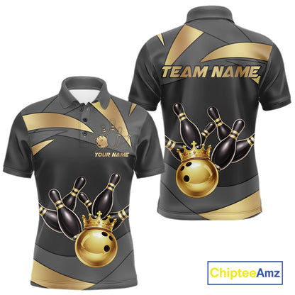 Black And Gold Bowling Shirt For Men Custom Crown Bowling Jersey, Bowling League Polo & 1/4 Zip TDM6379