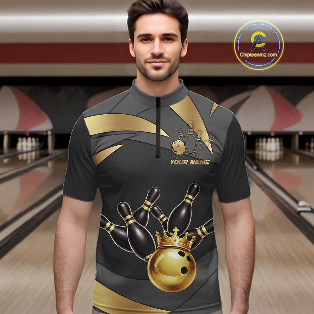 Black And Gold Bowling Shirt For Men Custom Crown Bowling Jersey, Bowling League Polo & 1/4 Zip TDM6379