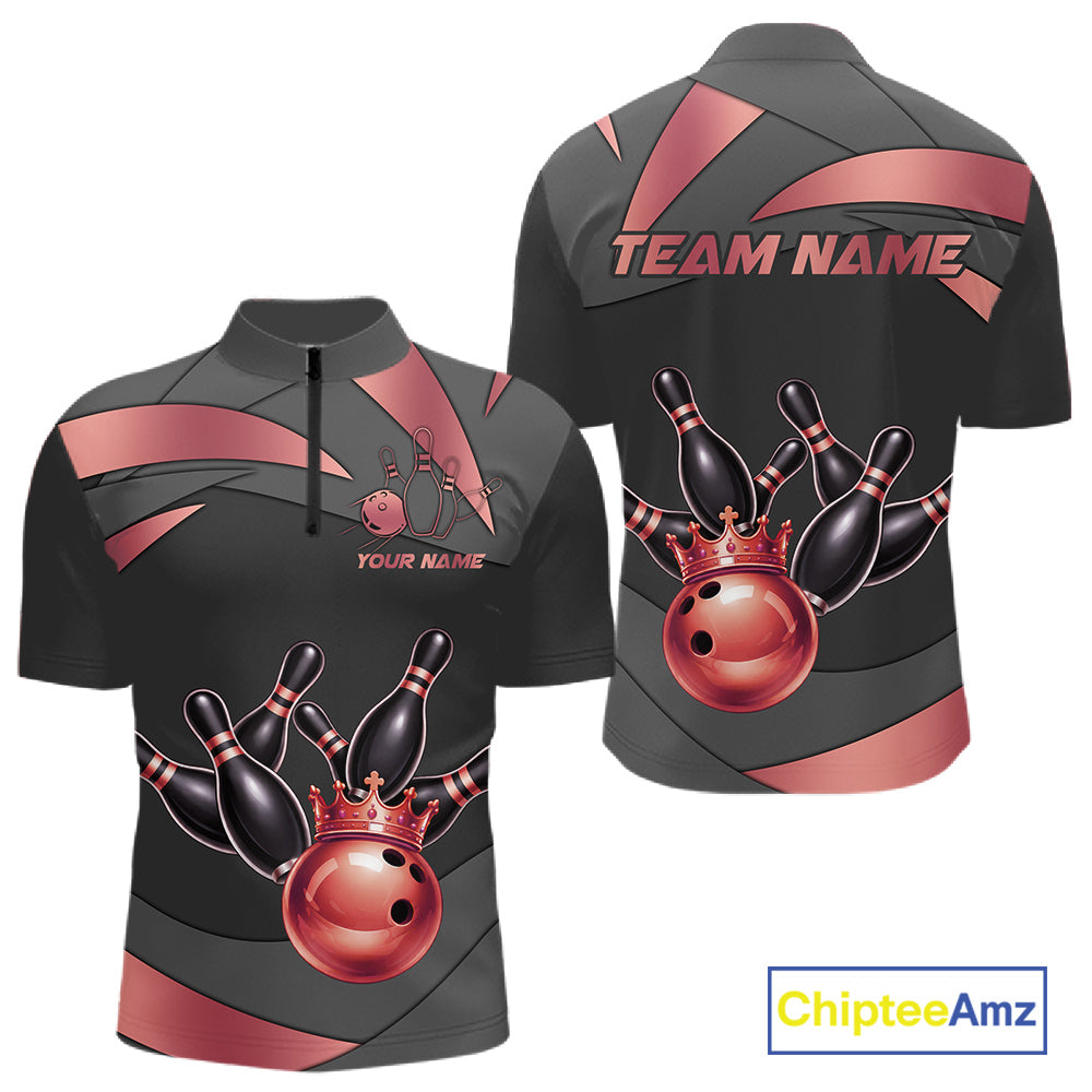 Black And Red Bowling Shirt For Men Custom Crown Bowling Jersey, Bowling League Polo & 1/4 Zip TDM6380