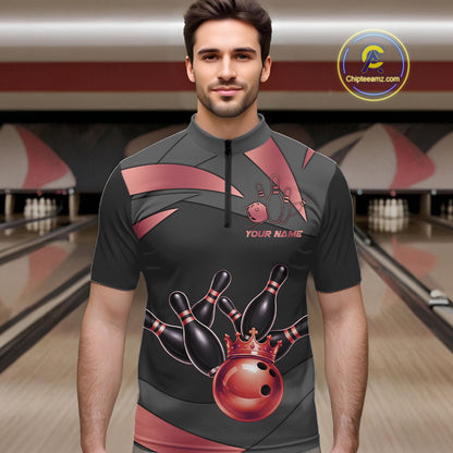 Black And Red Bowling Shirt For Men Custom Crown Bowling Jersey, Bowling League Polo & 1/4 Zip TDM6380