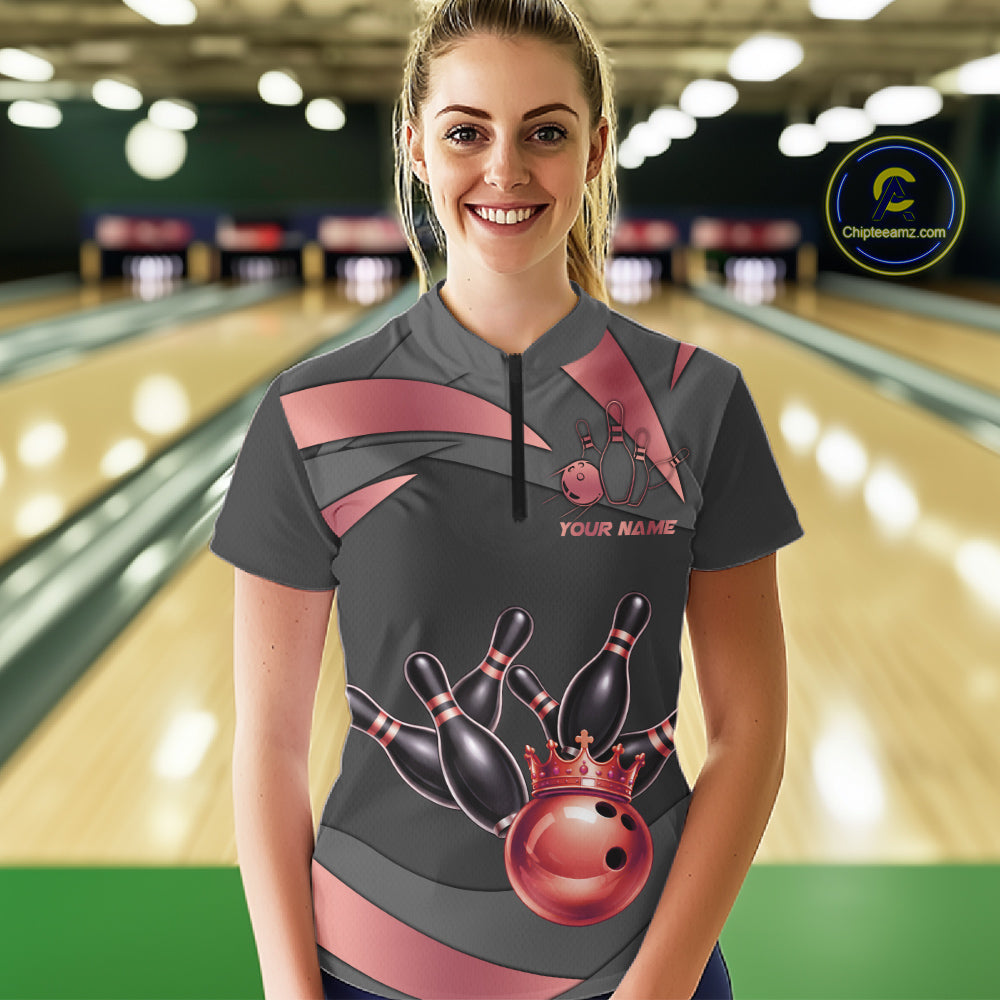 Black And Red Bowling Shirt For Women Custom Crown Bowling Jersey, Bowling League Polo & 1/4 Zip TDM6380