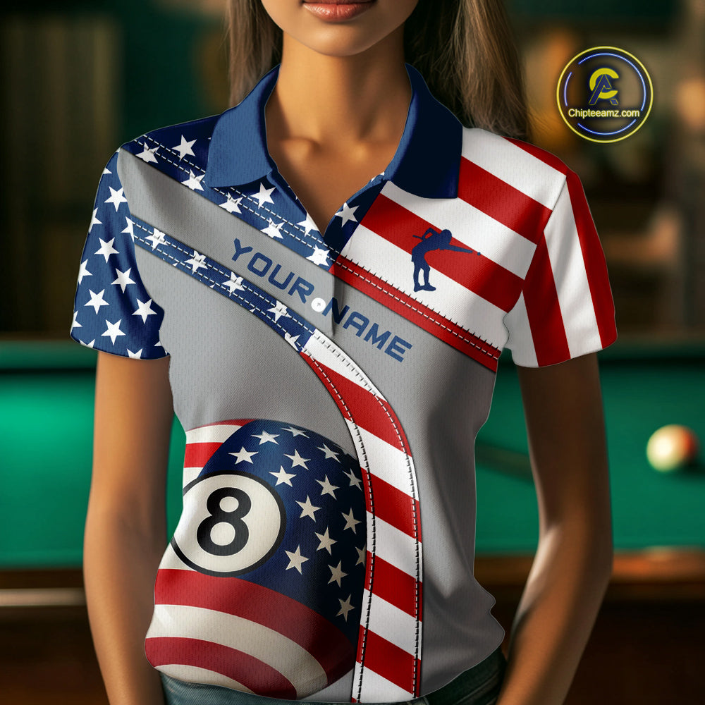 Custom Women's 8 Ball Billiard Shirts, American Flag Polo & 1/4 Zip Patriotic Pool Team Jerseys TDM4055
