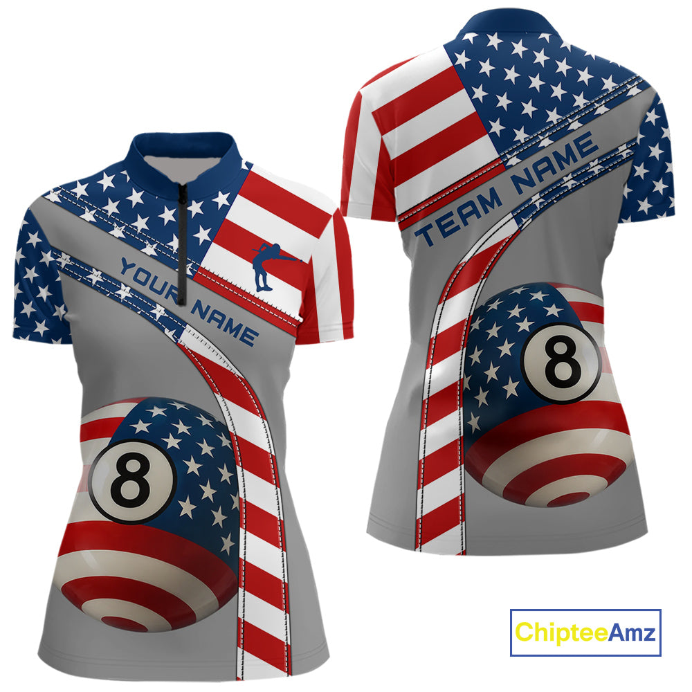 Custom Women's 8 Ball Billiard Shirts, American Flag Polo & 1/4 Zip Patriotic Pool Team Jerseys TDM4055
