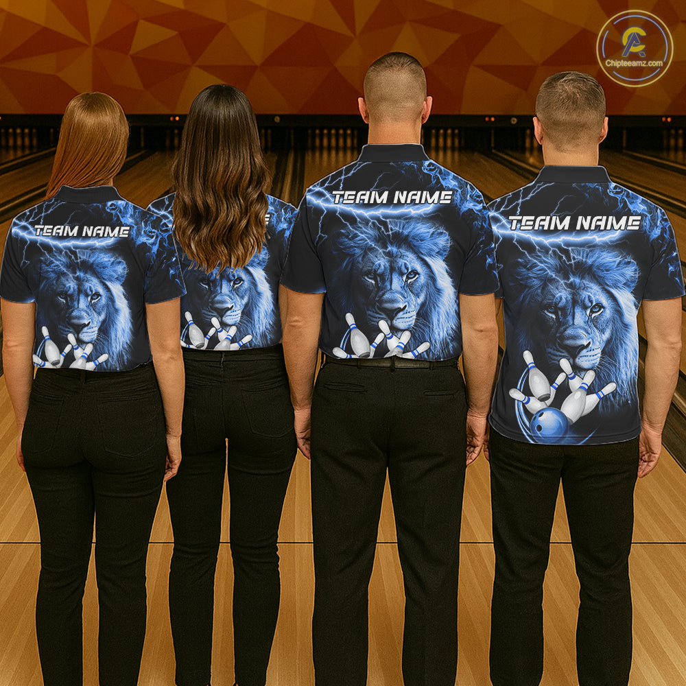 Bowling team wearing matching personalized blue lightning thunder lion bowling team jerseys, back view.
