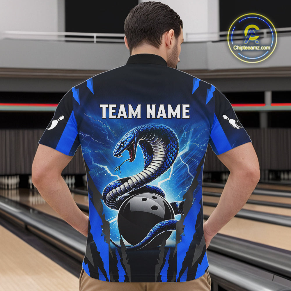 Personalized Blue Thunder Lightning Cobra Snake Bowling Shirts For Men, Bowling Team Jersey TDM4643
