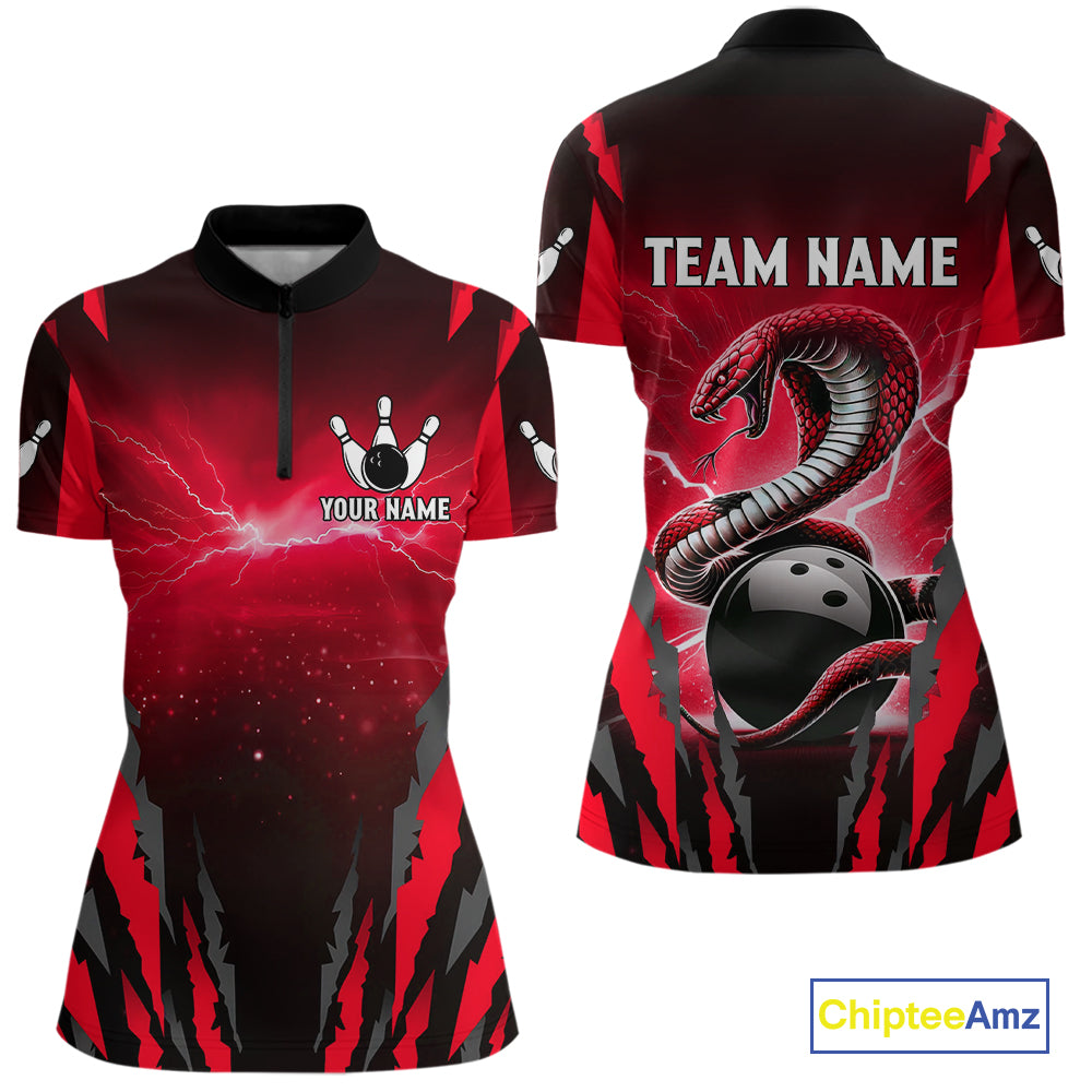 Personalized Thunder Lightning Cobra Snake Bowling Shirts For Women, Red Bowling Team Jersey TDM4644