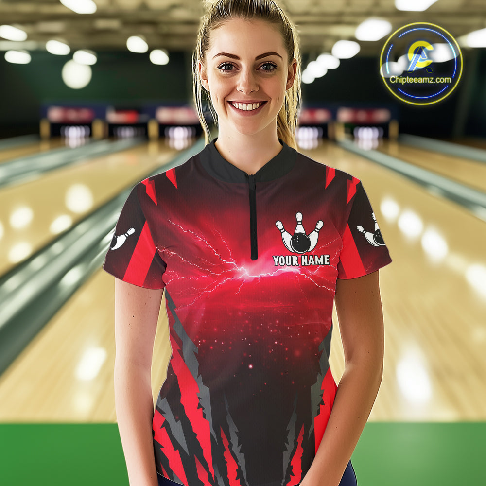 Personalized Thunder Lightning Cobra Snake Bowling Shirts For Women, Red Bowling Team Jersey TDM4644