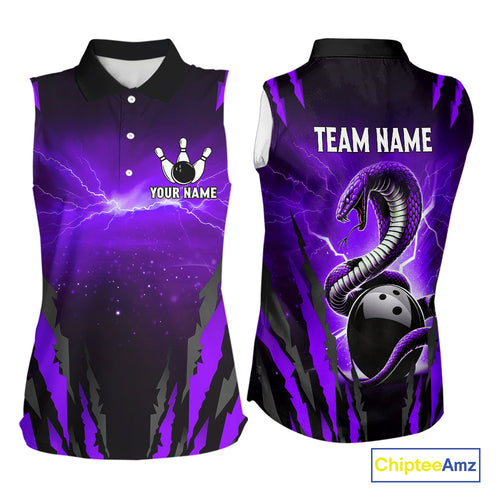 Personalized Purple Thunder Lightning Cobra Snake Bowling Sleeveless Polo Shirt, Bowling Jersey TDM4645