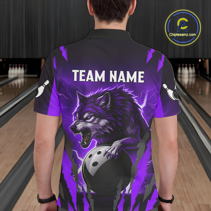 Purple Thunder Lightning Custom Wolf Bowling Shirts For Men, Bowling Team Jersey Polo & 1/4 Zip TDM4646