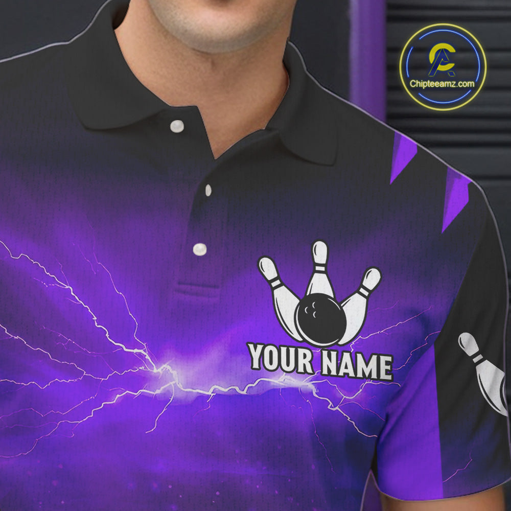 Purple Thunder Lightning Custom Wolf Bowling Shirts For Men, Bowling Team Jersey Polo & 1/4 Zip TDM4646