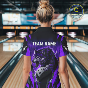 Purple Thunder Lightning Custom Wolf Bowling Shirts For Women, Bowling Team Jersey Polo & 1/4 Zip TDM4646