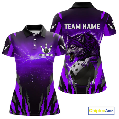 Purple Thunder Lightning Custom Wolf Bowling Shirts For Women, Bowling Team Jersey Polo & 1/4 Zip TDM4646