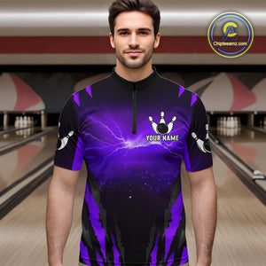 Purple Thunder Lightning Custom Wolf Bowling Shirts For Men, Bowling Team Jersey Polo & 1/4 Zip TDM4646