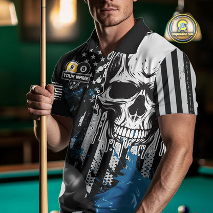 Personalized 8 & 9 Ball Pool Skull Billiard Shirt For Men Custom Grunge Billiard Team Jersey |Blue TDM4649