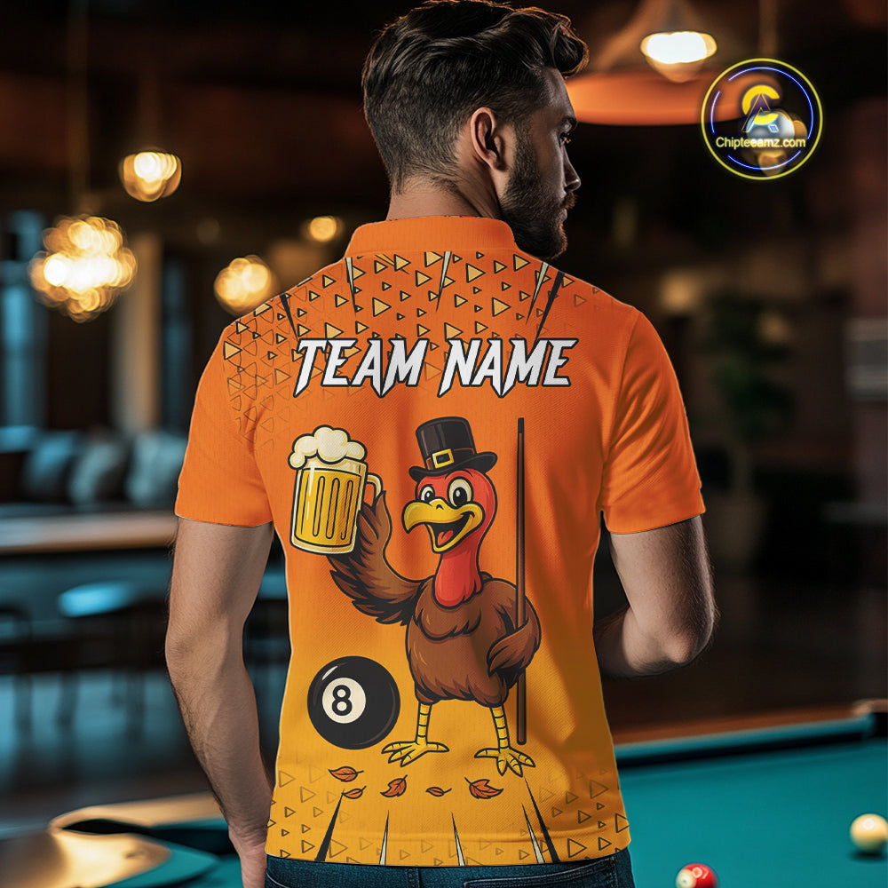 Orange Funny Turkey 8 Ball Pool Billiard Shirt For Men Custom Thanksgiving Billiard Jersey TDM4836