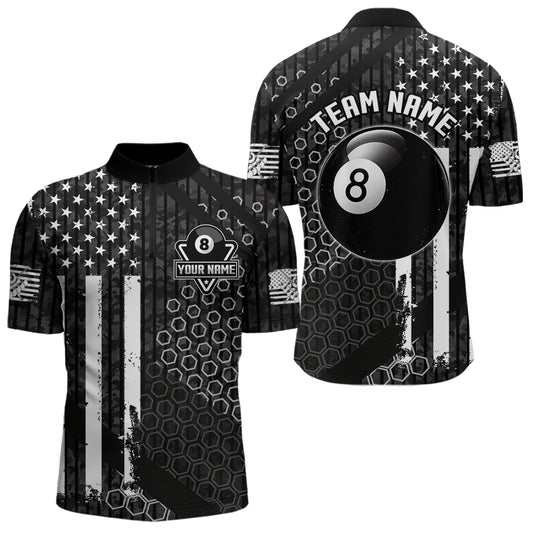 Personalized Black White American Flag Billiard Shirts For Men, Patriotic 8 Ball Billiard Jerseys TDM3476