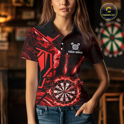 Black And Red Swirl Fire Flame Darts Shirt For Women Custom Darts Jersey Team Polo & 1/4 Zip TDM6145