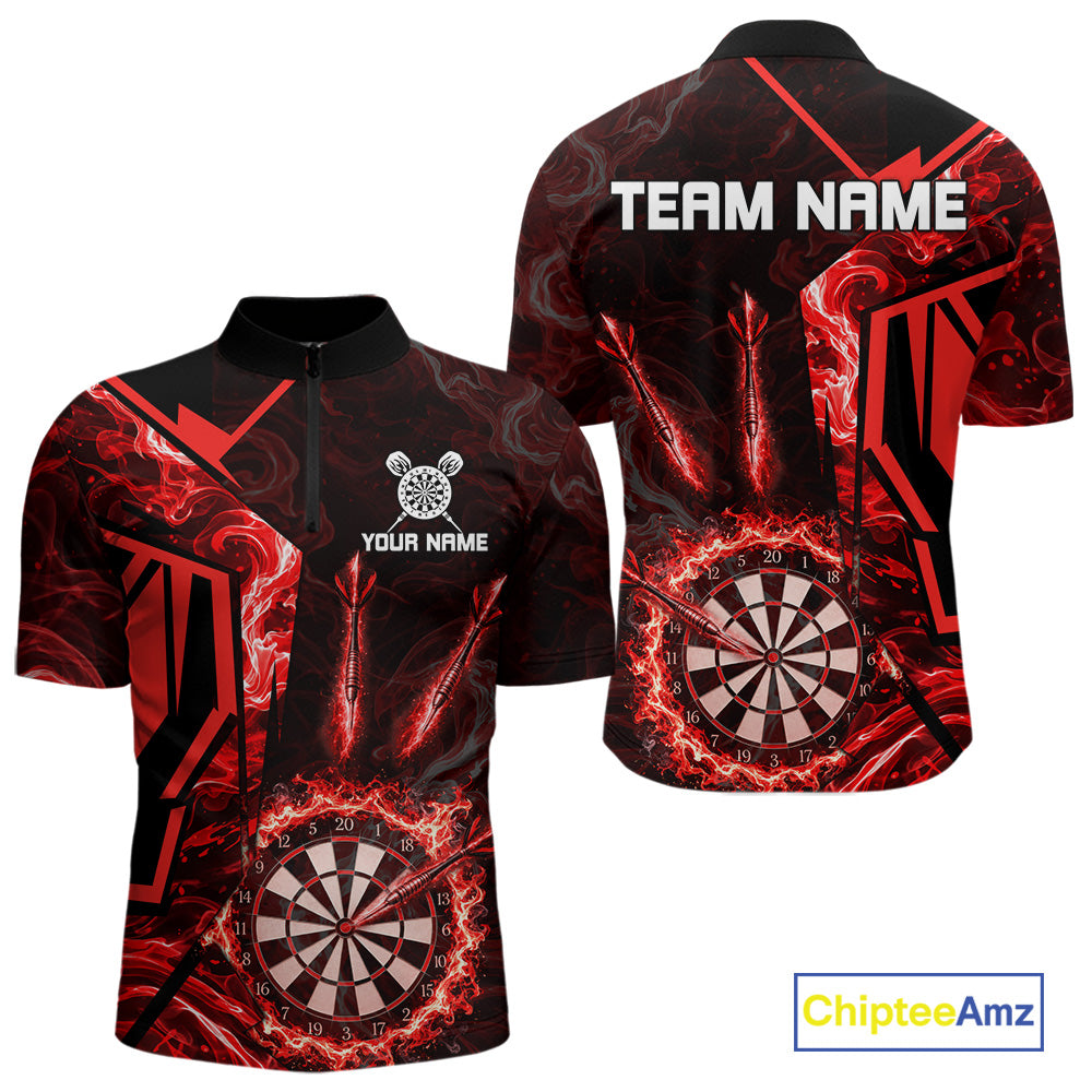 Black And Red Swirl Fire Flame Darts Shirt For Men Custom Darts Jersey Team Polo & 1/4 Zip TDM6145