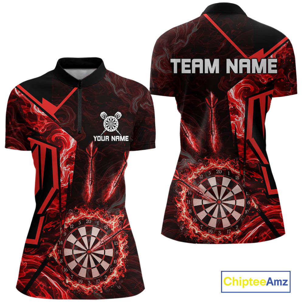 Black And Red Swirl Fire Flame Darts Shirt For Women Custom Darts Jersey Team Polo & 1/4 Zip TDM6145