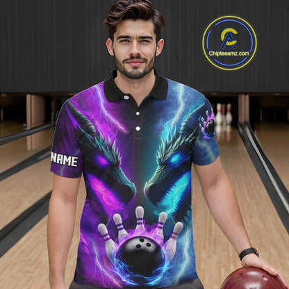 Custom Blue Purple Fire Dragon Bowling Jersey For Men Custom Lightning Bowling Shirt Polo, 1/4 Zip TDM6150