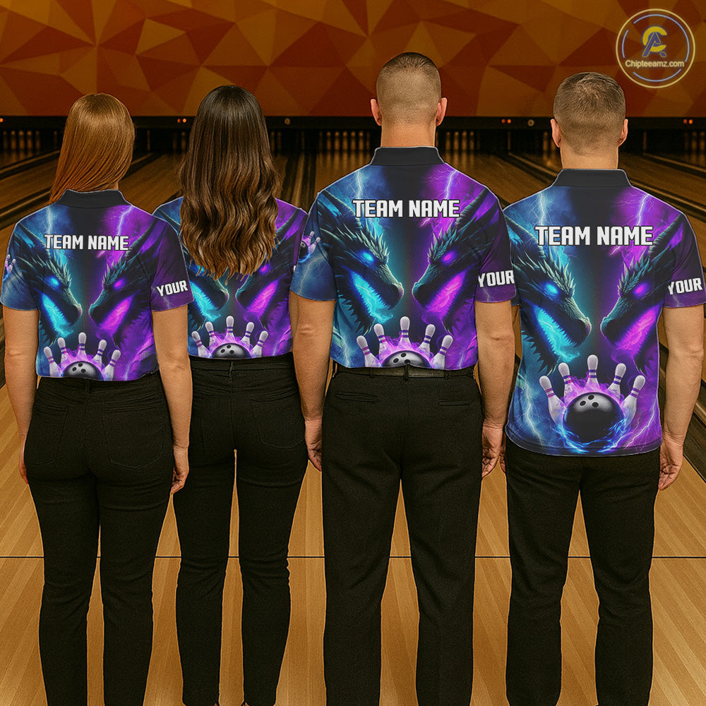 Custom Blue Purple Fire Dragon Bowling Jersey For Men Custom Lightning Bowling Shirt Polo, 1/4 Zip TDM6150