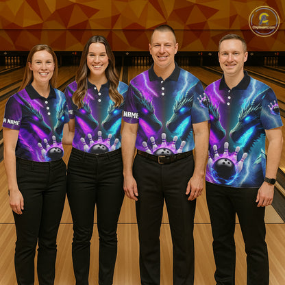 Custom Blue Purple Fire Dragon Bowling Jersey For Men Custom Lightning Bowling Shirt Polo, 1/4 Zip TDM6150