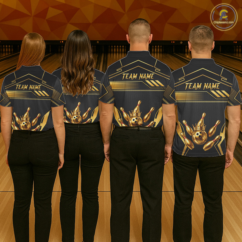 Black And Gold Custom Crown Bowling Ball Polo & Quarter Zip For Women, Bowling League Team Jersey TDM6569