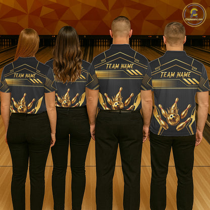 Black And Gold Custom Crown Bowling Ball Polo & Quarter Zip For Women, Bowling League Team Jersey TDM6569