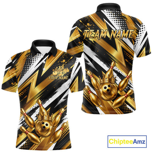 Custom Black And Gold Bowling Jersey For Men, Crown Bowling Team Shirts Polo & Quarter Zip Shirts TDM6570