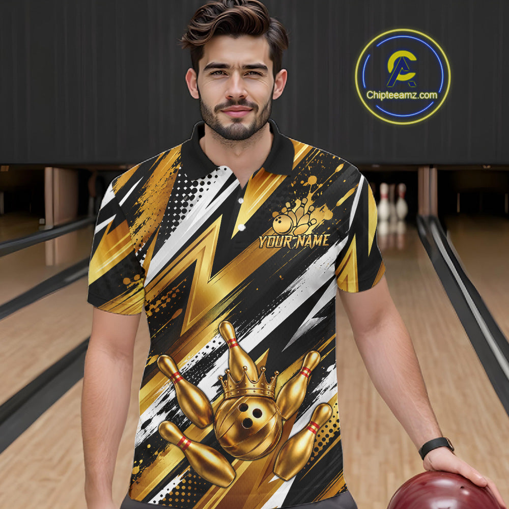 Custom Black And Gold Bowling Jersey For Men, Crown Bowling Team Shirts Polo & Quarter Zip Shirts TDM6570