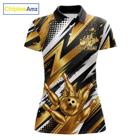 Custom Black And Gold Bowling Jersey For Women, Crown Bowling Team Shirts Polo & Quarter Zip Shirts TDM6570