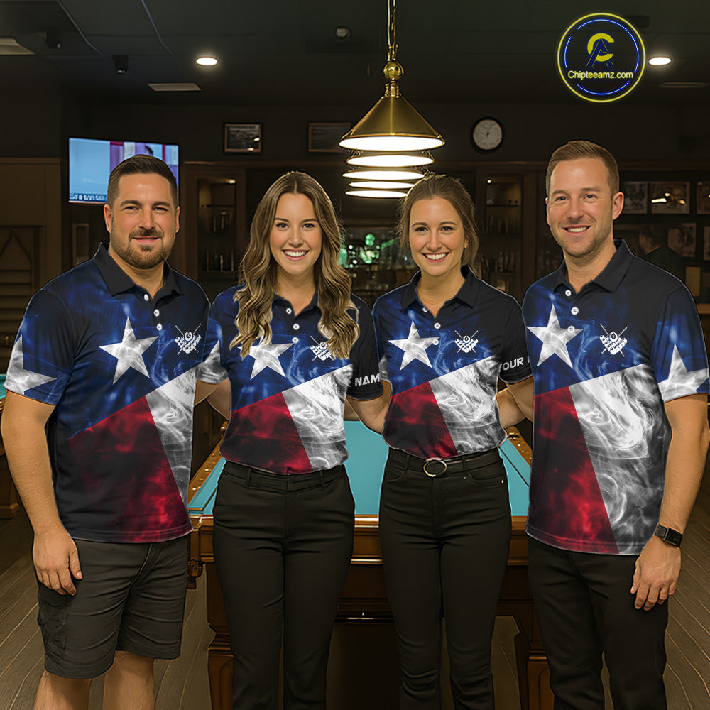 Custom Smoke Texas Flag Billiard Shirt For Men, Patriotic Billiard Team Shirt Polo & Quarter Zip TDM6585