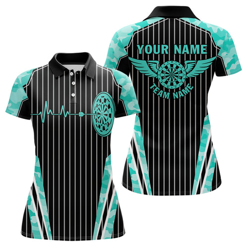 Turquoise Camo Dartboard Pulse Heartbeat Custom Women Dart Shirts, Funny Wings Cool Dart Team Jerseys TDM3618