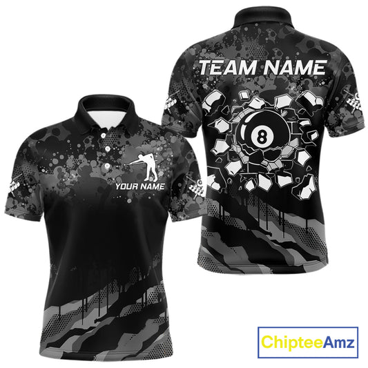 Personalized Grunge Camo Billiard Shirts For Men, Funny 8 Ball Pool Team Jersey Polo & 1/4 Zip TDM6155
