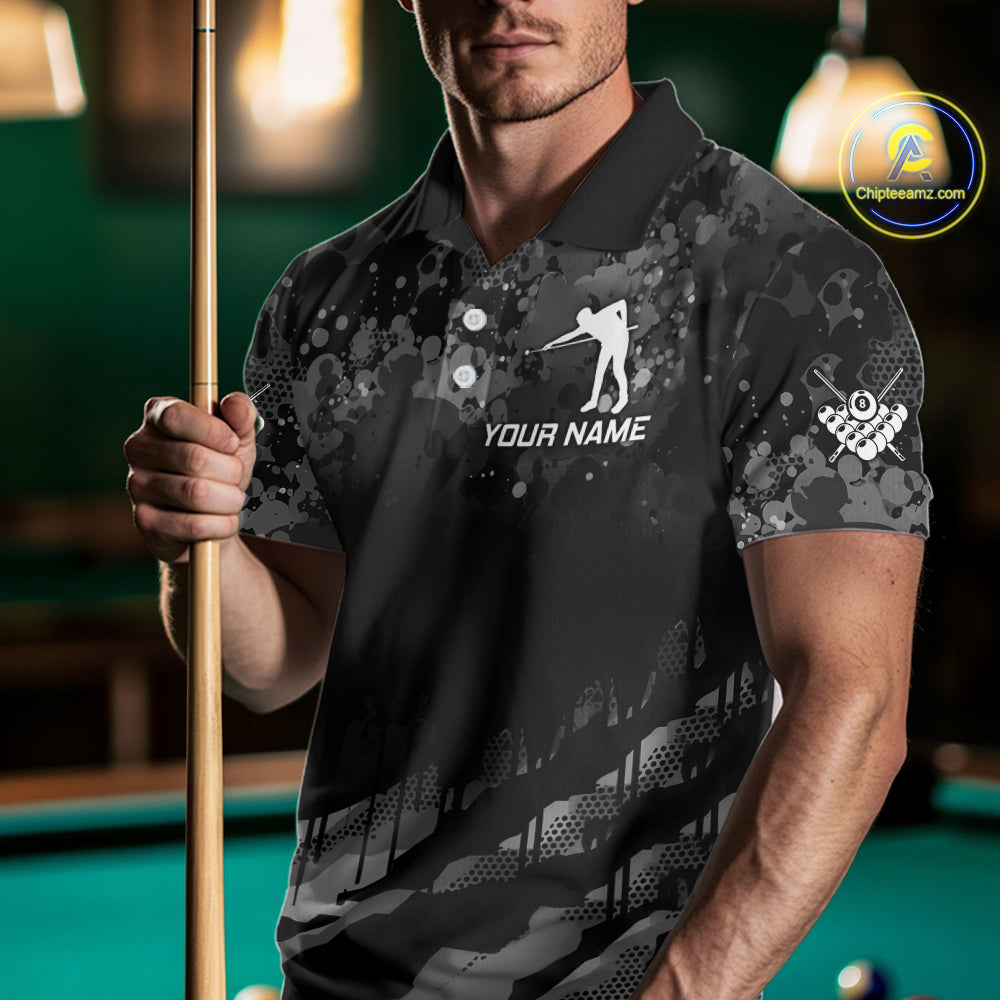Personalized Grunge Camo Billiard Shirts For Men, Funny 8 Ball Pool Team Jersey Polo & 1/4 Zip TDM6155