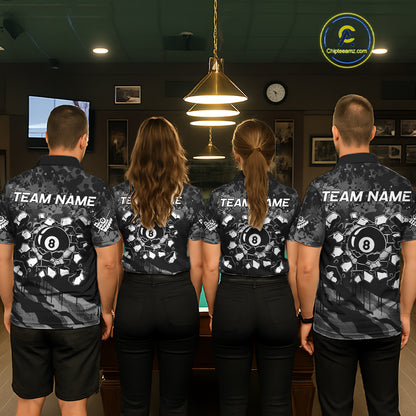 Personalized Grunge Camo Billiard Shirts For Men, Funny 8 Ball Pool Team Jersey Polo & 1/4 Zip TDM6155