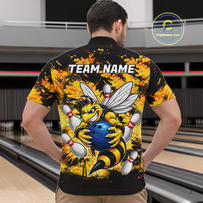 Funny Bee Custom Grunge Yellow Black Bowling Shirt For Men, Bowling Team Jersey Polo & 1/4 Zip TDM6162
