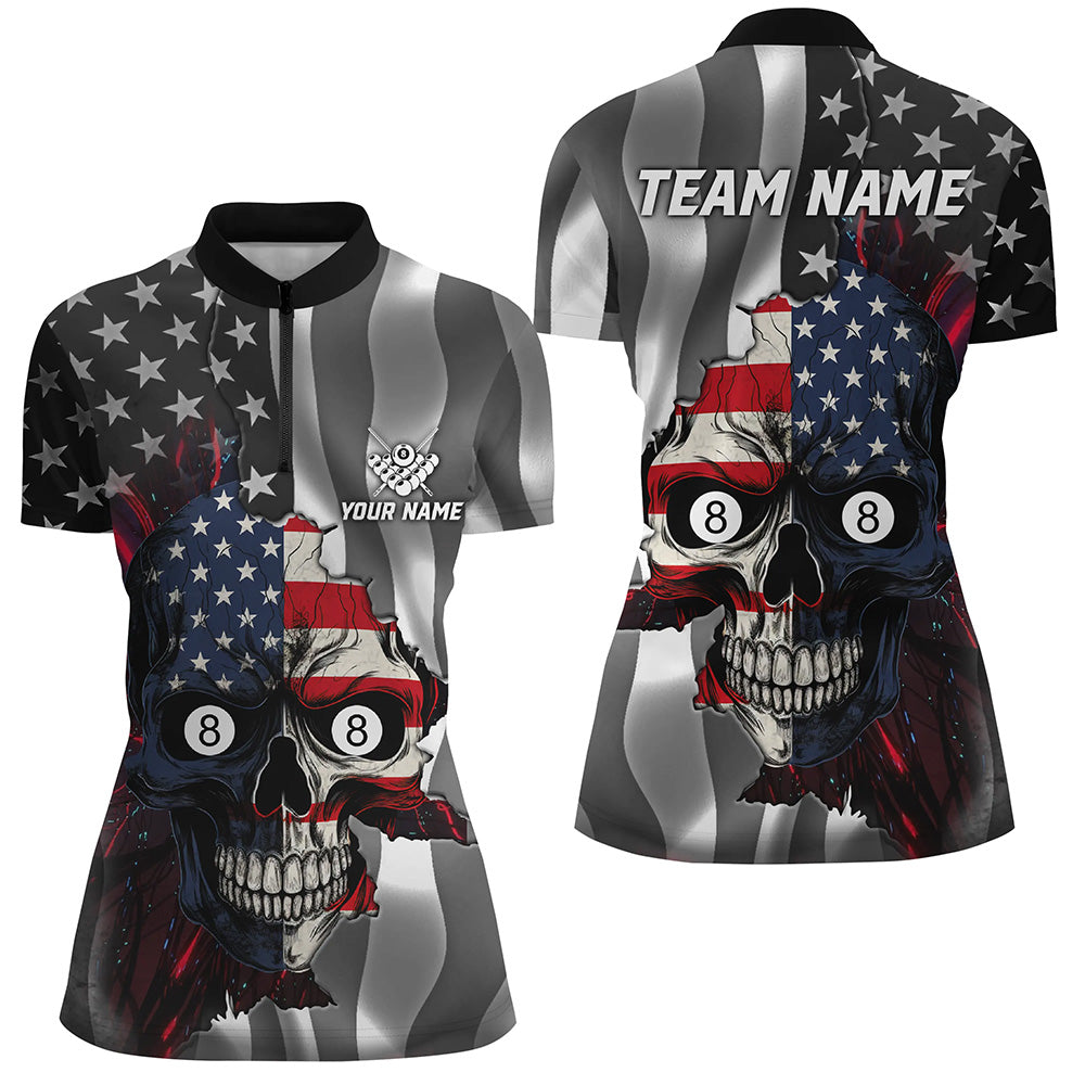 Personalized Billiard Skull American Flag Women Quarter-Zip Shirt, Patriotic Billiard Jersey TDM1507