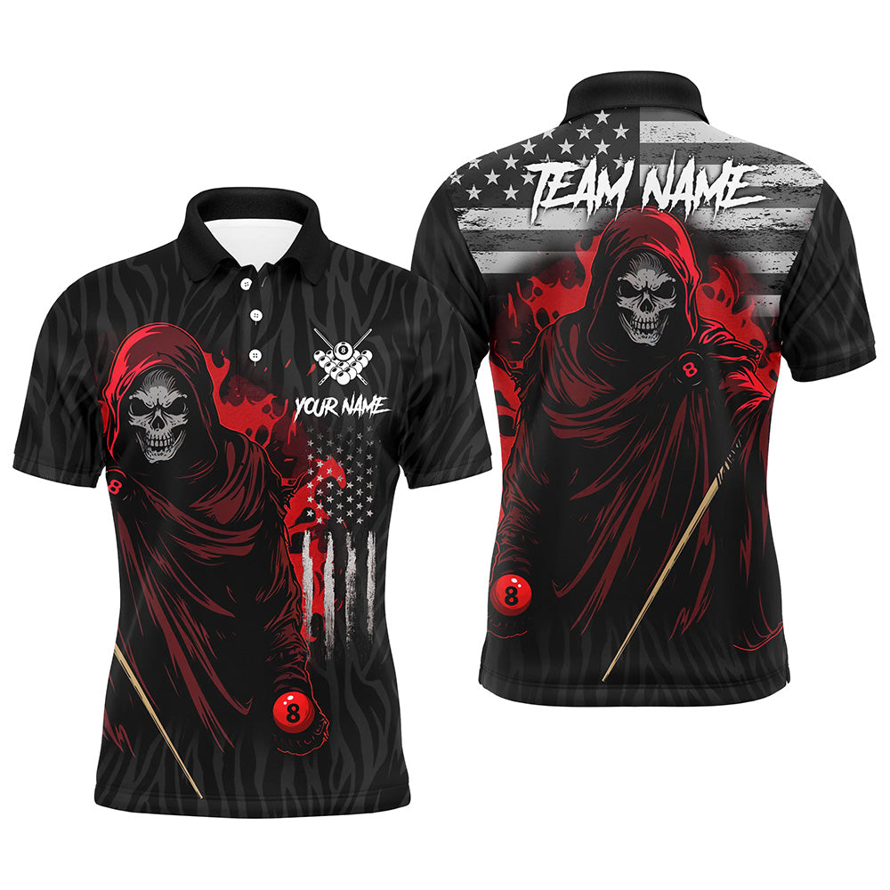 Billiard Skull Retro US Flag Men Polo & Quarter-Zip Shirts Custom Billiard Jerseys |Red TDM1673