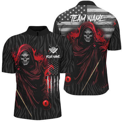 Billiard Skull Retro US Flag Men Polo & Quarter-Zip Shirts Custom Billiard Jerseys |Red TDM1673
