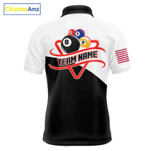 Load image into Gallery viewer, 8 ball and 9 ball pool team polo shirt with personalized billiard tournament graphics and custom team branding.