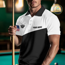 Load image into Gallery viewer, Man wearing a black and white 8 ball custom billiard jersey front view, personalized pool team shirt.